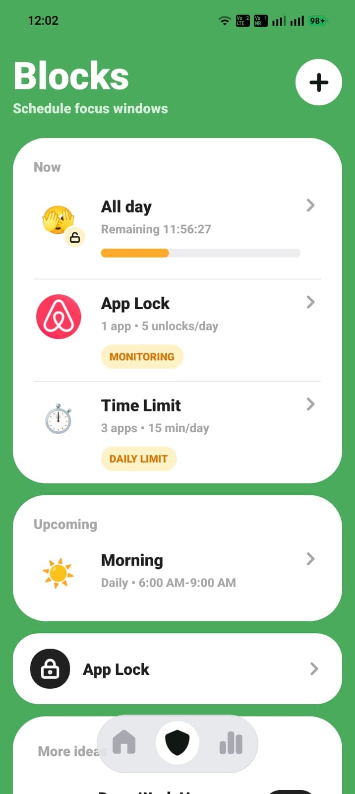 ScreenPup active blocks and focus schedule screen.