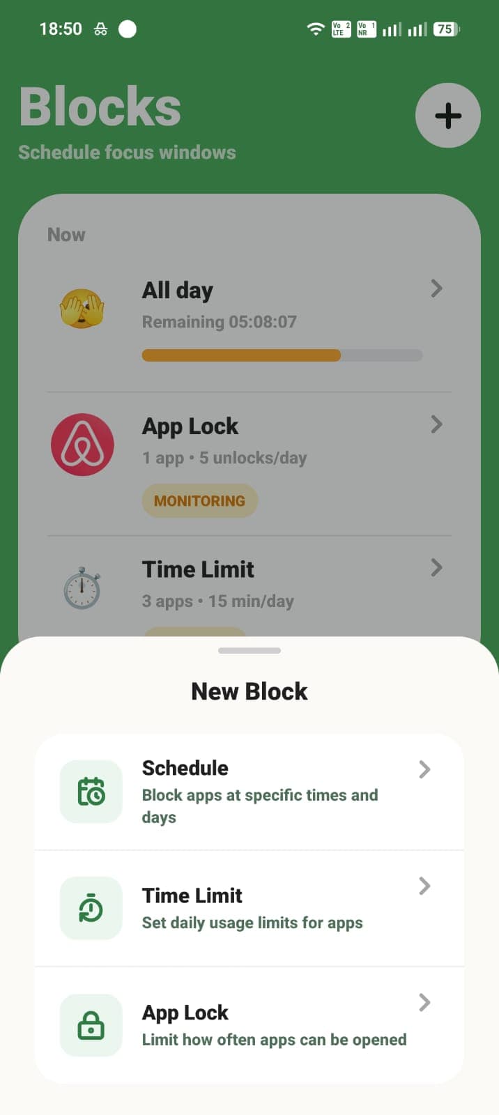 ScreenPup new block sheet showing schedule, time limit, and app lock options.
