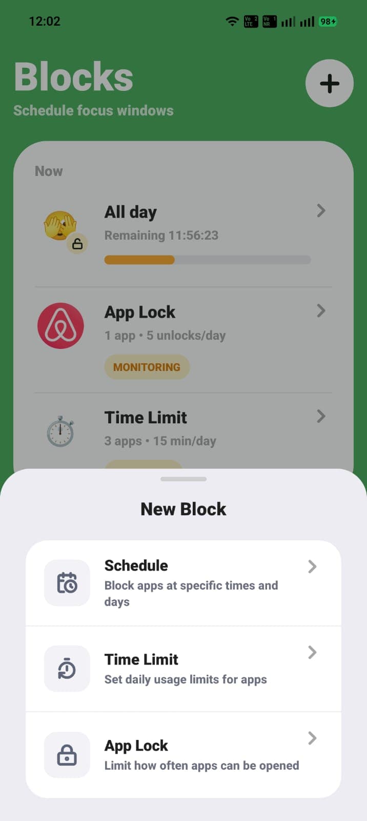 ScreenPup app selection screen for creating an app block on iPhone.