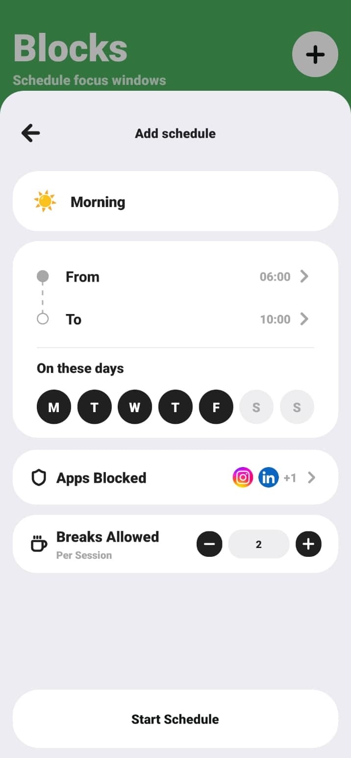 ScreenPup schedule editor with day controls and blocked app settings.