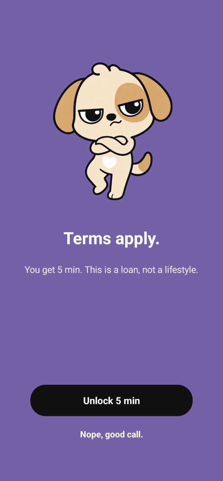 ScreenPup focus overlay asking whether to use a blocked app with escape passes left.